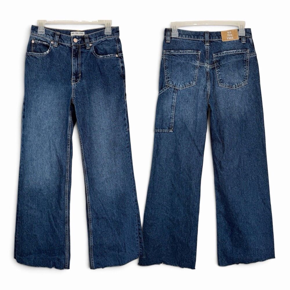 We The Free Tinsley Baggy High Rise Wide Leg Jeans Sz 26 Blue Raw Hem OB1588873